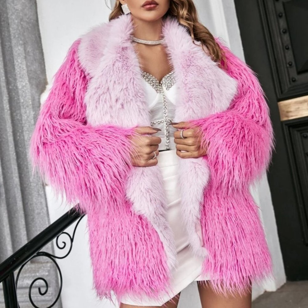 Pink ColorBlock faux fur teddy Coat jacket - Picture 2 of 7
